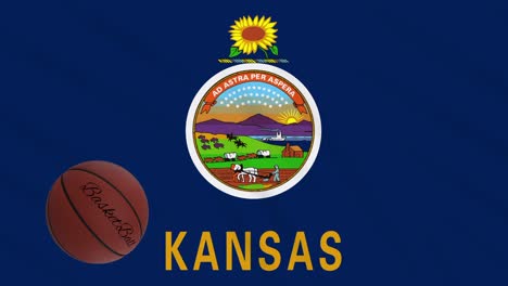 kansas flag waving and basketball ball rotates, loop