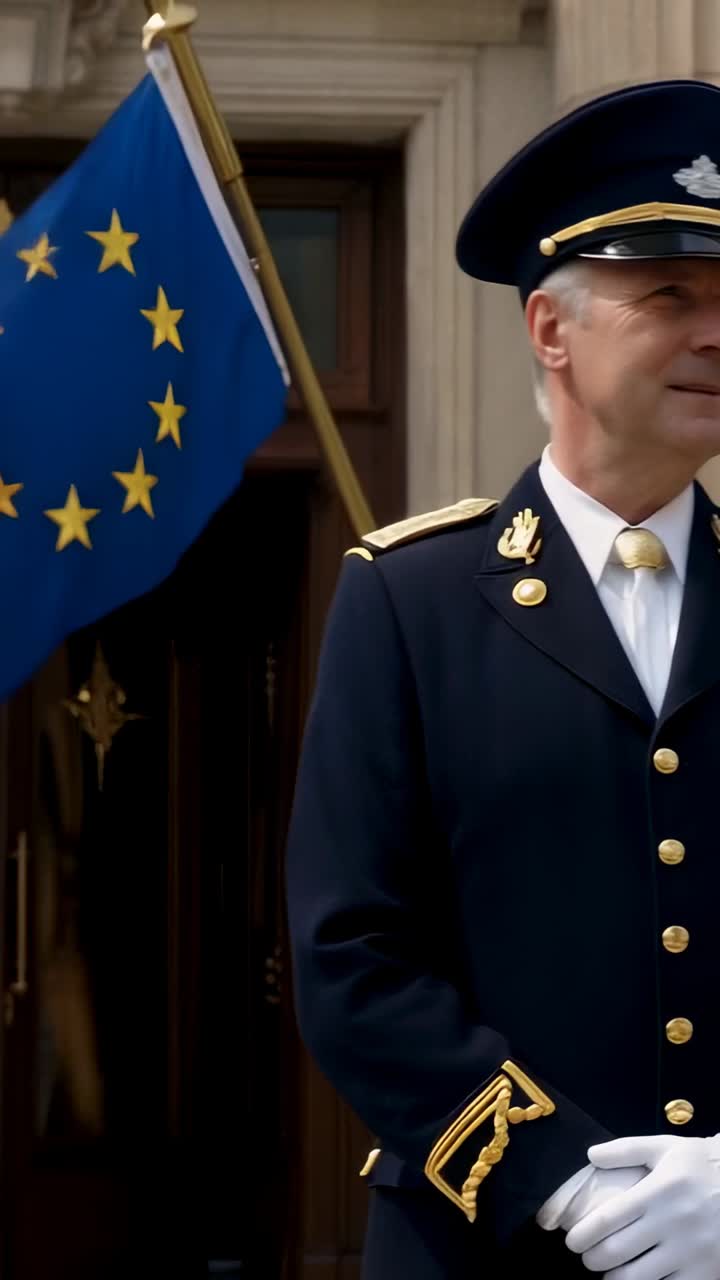 Video verticale: carrellata orizzontale che rivela una guardia in uniforme a sorvegliare una porta, bandiere greche dell'UE, spazio per il testo