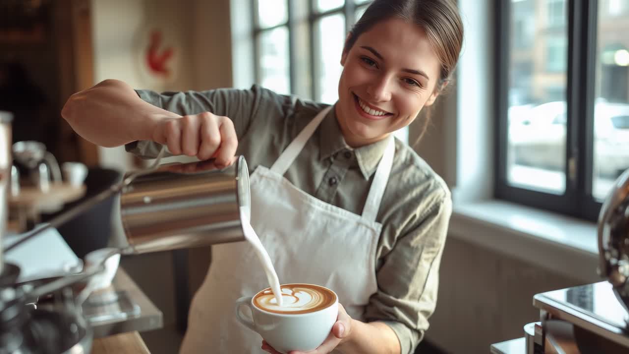 Order arriving, pouring barista in white apron guiding milk into cup at counter, with metal pitcher