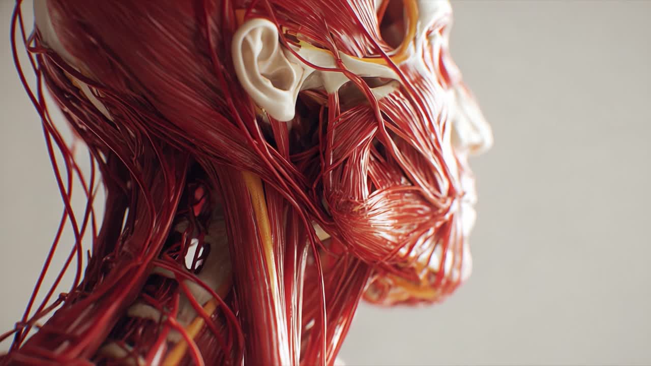 Un Esame Dettagliato dell'Anatomia Muscolare Umana Che Evidenzia le Intricate Reti di Vasi Sanguigni e Strutture Tissutali a Scopo Educativo