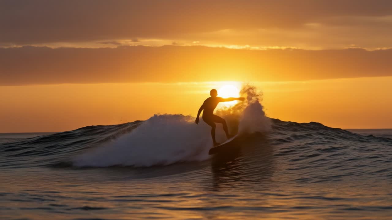 Surfista che cavalca le onde al tramonto