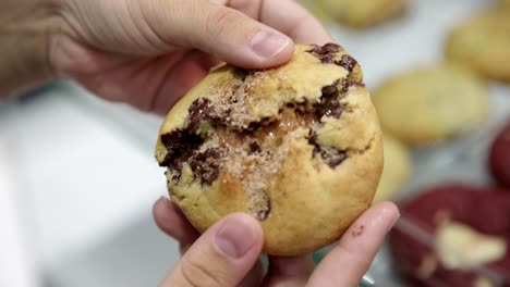 breaking open a freshly baked chocolate chip cookie to show the gooey dough inside the delicious treat