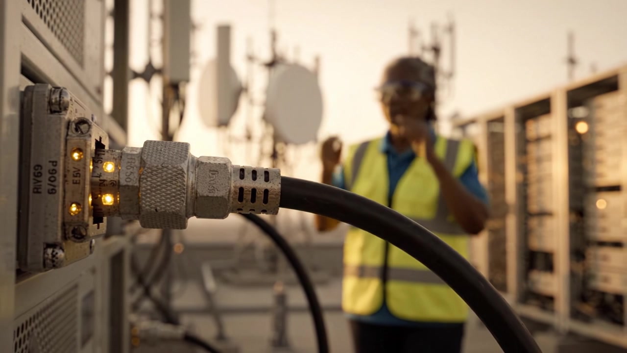 Tecnico che ispeziona apparecchiature e connettori di telecomunicazione sul tetto tra antenne cellulari durante le ore del tramonto in ambiente urbano.