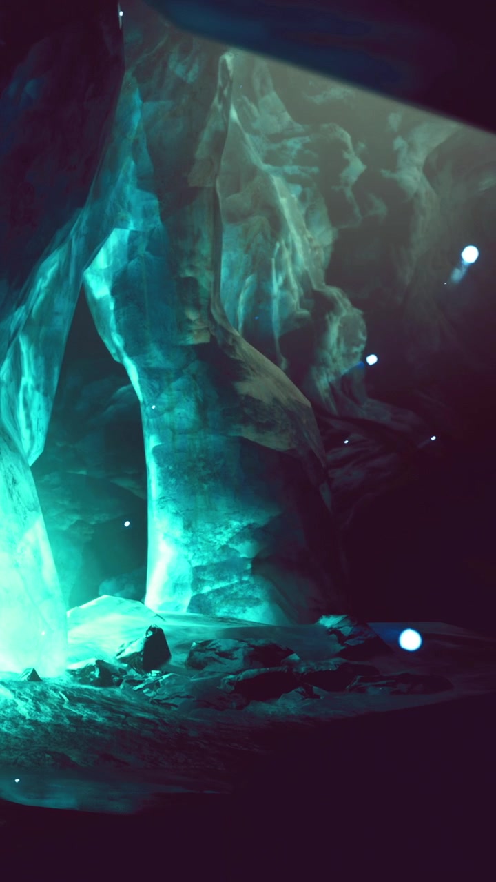 Esplorando una grotta con pareti luminose e formazioni misteriose al crepuscolo