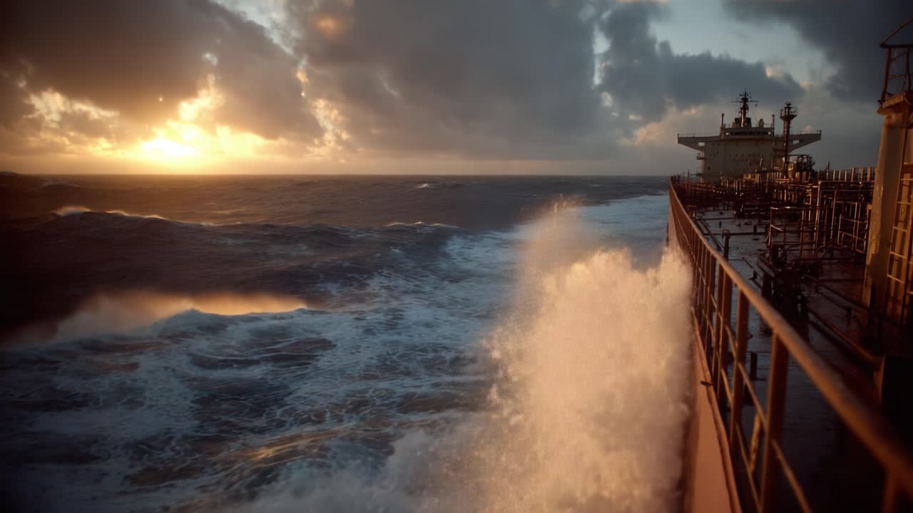 A Stunning Sunset Over the Ocean: Waves Crash Against the Side of a Ship as the Sun Sets, Creating a Breathtaking View of Nature's Beauty and Power at Sea