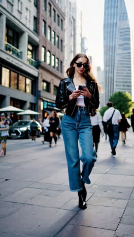 woman in leather jacket using smartphone on city street next to a colorful graffiti wall