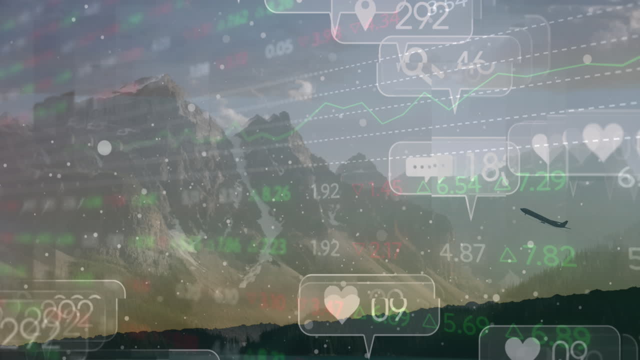 풍경 배경 위의 소셜 미디어 아이콘과 숫자의 애니메이션