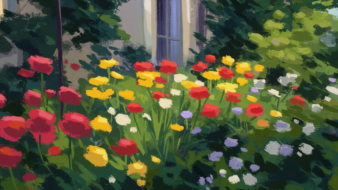 A Vibrant Garden Awash with Colorful Blooms: A Painterly Exploration of Nature's Beauty through Dynamic Floral Depictions and Rich Greenery