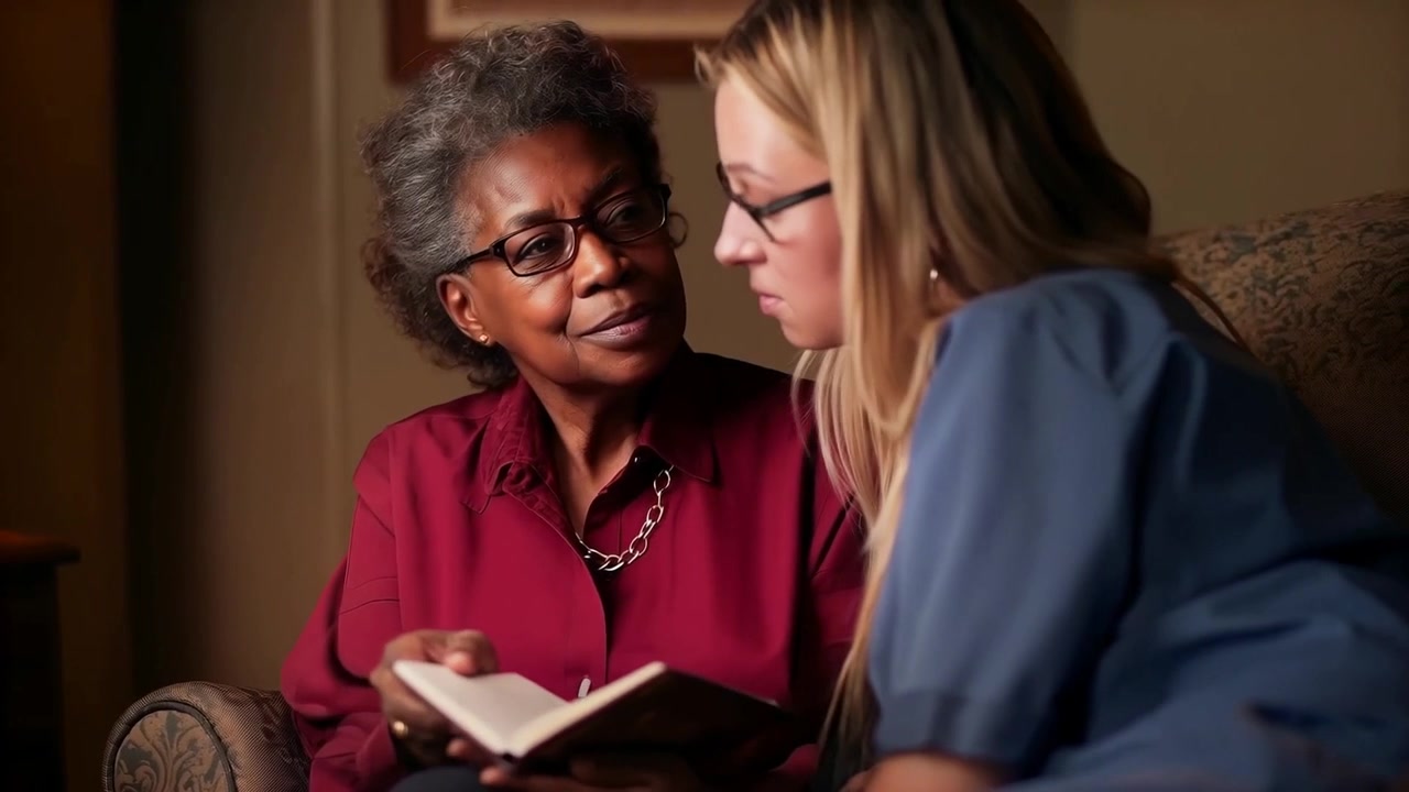 Opening book, senior woman in maroon blouse, glasses reminiscing at home, nurse in scrubs leaning