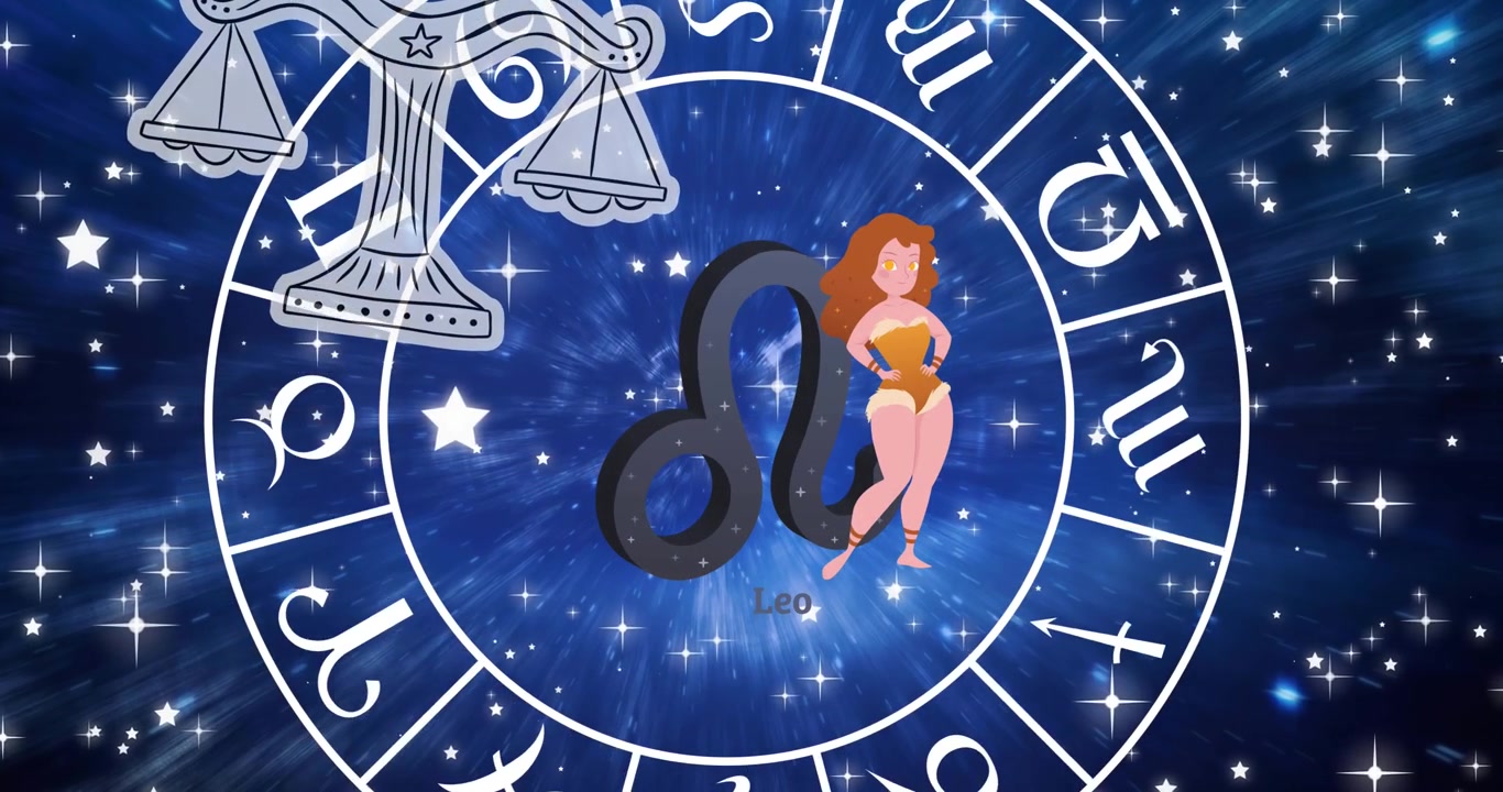 Ruota zodiacale animata con i simboli del Leone e della Bilancia in uno spazio stellato.