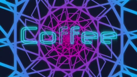 Animation-of-neon-blue-coffee-text-banner-over-purple-abstract-shapes-in-seamless-pattern