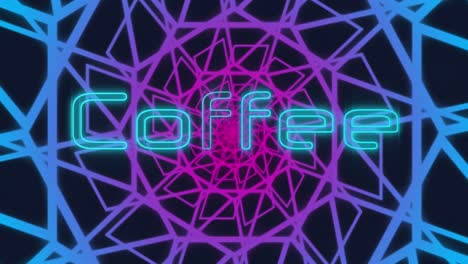 animation of neon blue coffee text banner over purple abstract shapes in seamless pattern