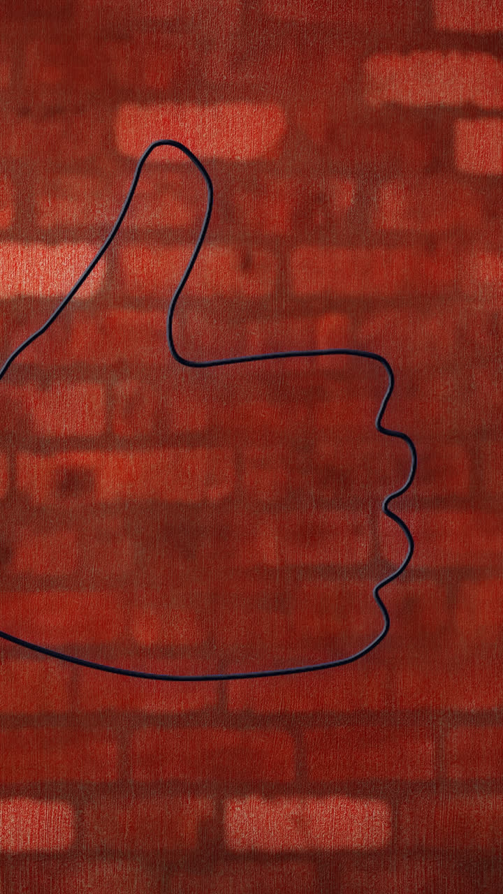 animación del icono del pulgar hacia arriba de neón brillante en la pared de ladrillo