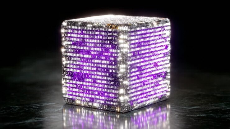 Glowing cube with a metallic frame displaying a stream of purple binary code on its faces, slowly rotating on a reflective surface against a black background, representing data processing