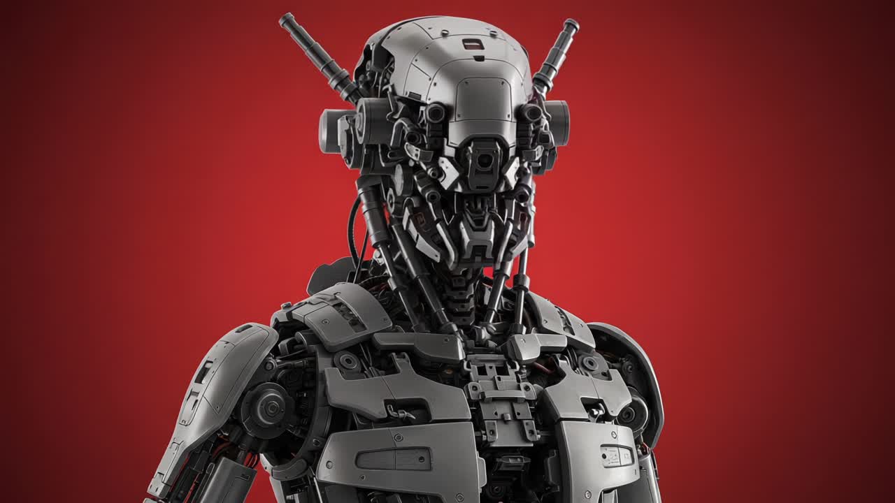 A Futuristic Robot Design Showcasing Advanced Mechanics and Realistic Textures Against a Bold Red Background, Highlighting the Marvels of Modern Robotics and Technology
