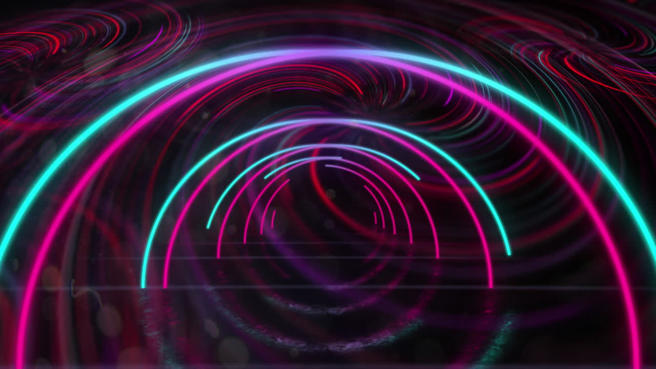 Animation of pink and blue neon arch and swirls moving on black background