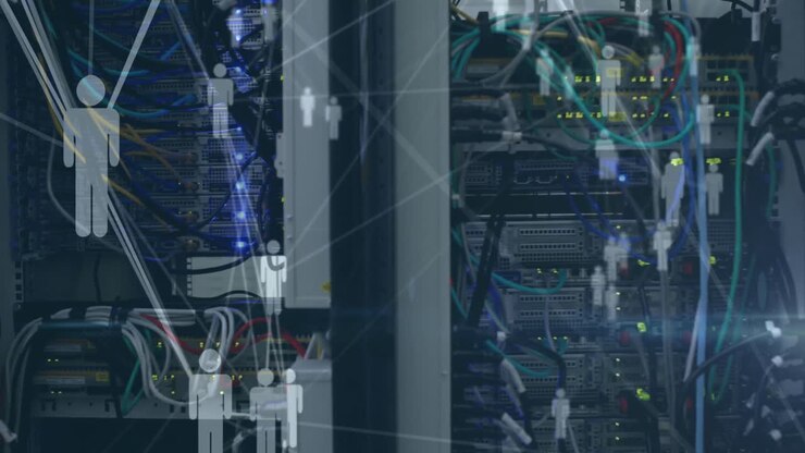 Animation of network of connections with people icons over computer server
