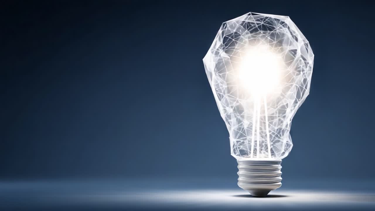 Innovazione Illuminante: Uno scorcio mozzafiato di una lampadina geometrica che brilla di energia, simbolo di creatività e tecnologia moderna in uno spettacolo abbagliante.