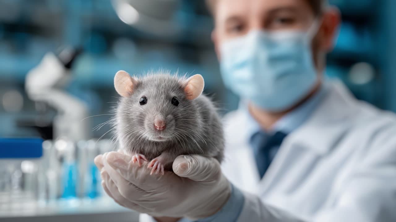 A researcher in a laboratory holds a gray rat in their gloved hand, showcasing the close relationship between humans and animals in scientific studies and animal experimentation