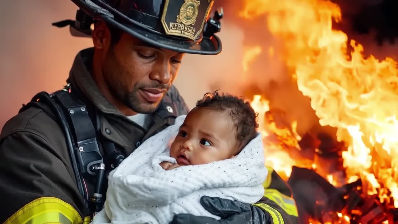 A firefighter holding a baby in front of a fire