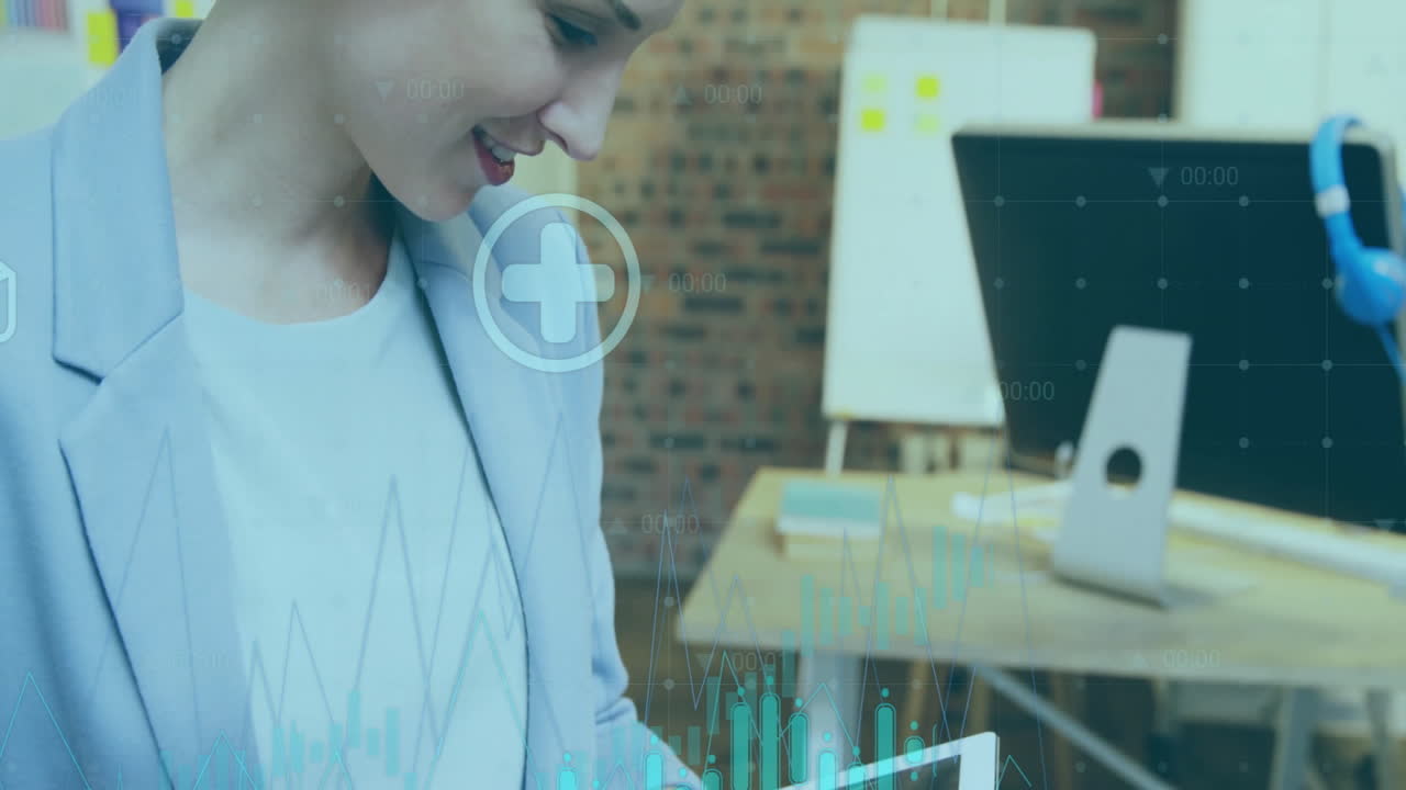 análisis de datos médicos animación sobre mujer de negocios usando tableta en la oficina moderna