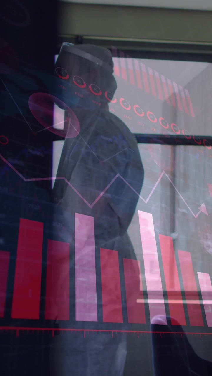 Animation af finansiel databehandling over forskellige personer iført sikkerhedsdragter, der desinficerer kontor