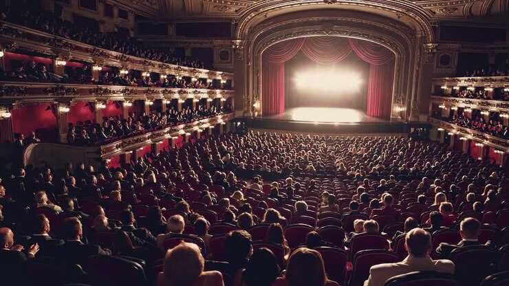 Foto grandangolare di un grande teatro pieno di spettatori, rivolti verso un palco illuminato