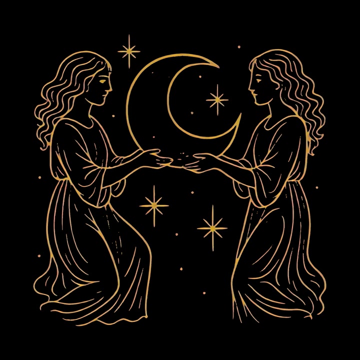 Hemelse gouden lijntekening van twee vrouwen en een halve maan