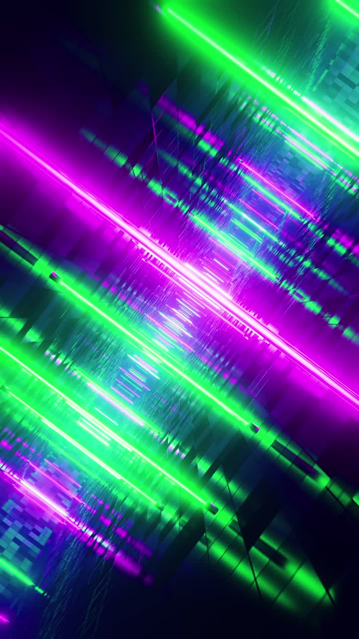 volando tra luci fluorescenti verdi e rosse. video a loop verticale