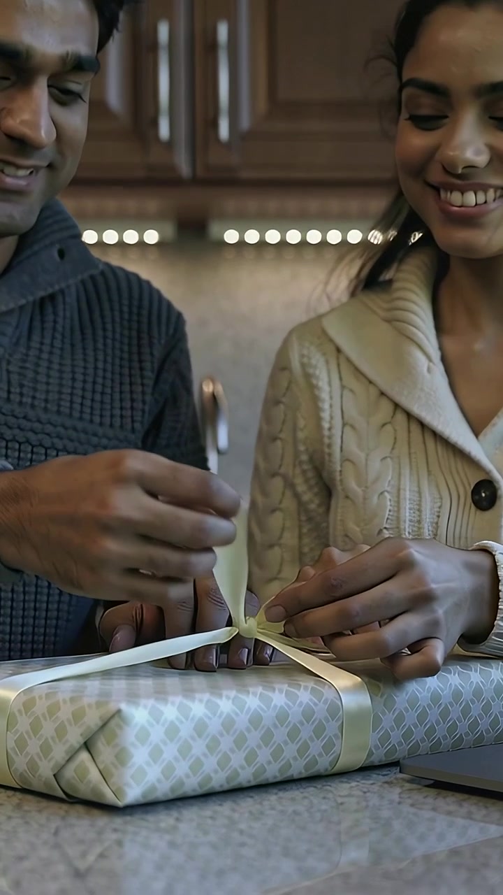 Vertical video: Finding gift, couple in knit sweaters untying ribbon at kitchen, opening present
