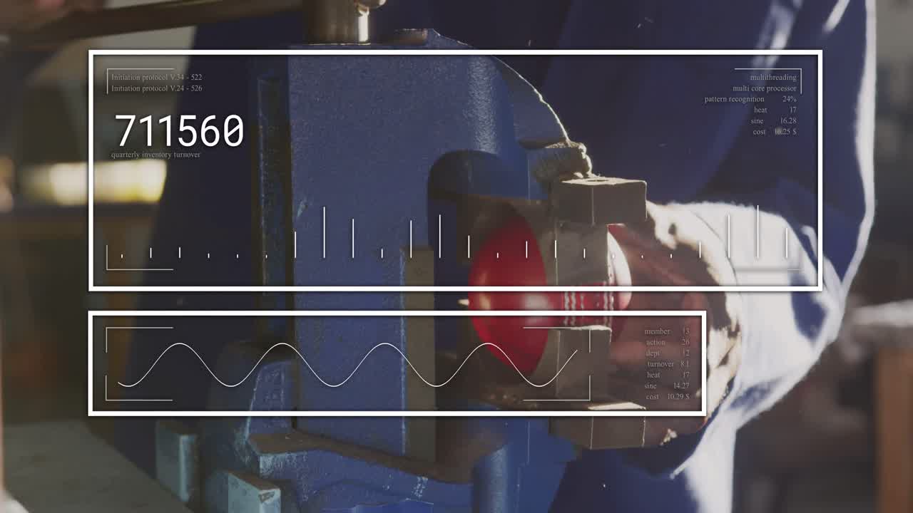 Technician threading wire in red-hot piece in metal vise, reaching and securing while HUD updating
