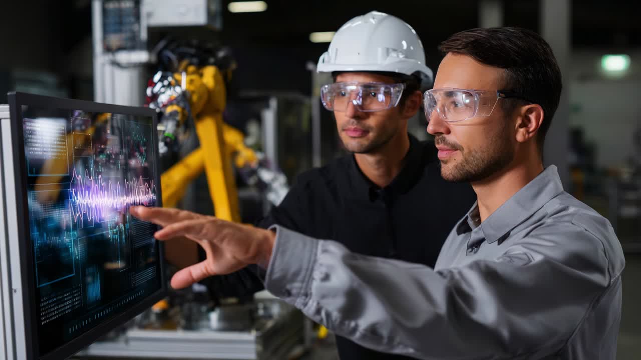 Two professionals in safety gear analyze data on a digital screen in a high-tech industrial environment, focusing on innovative solutions and data visualization for process improvement and automation