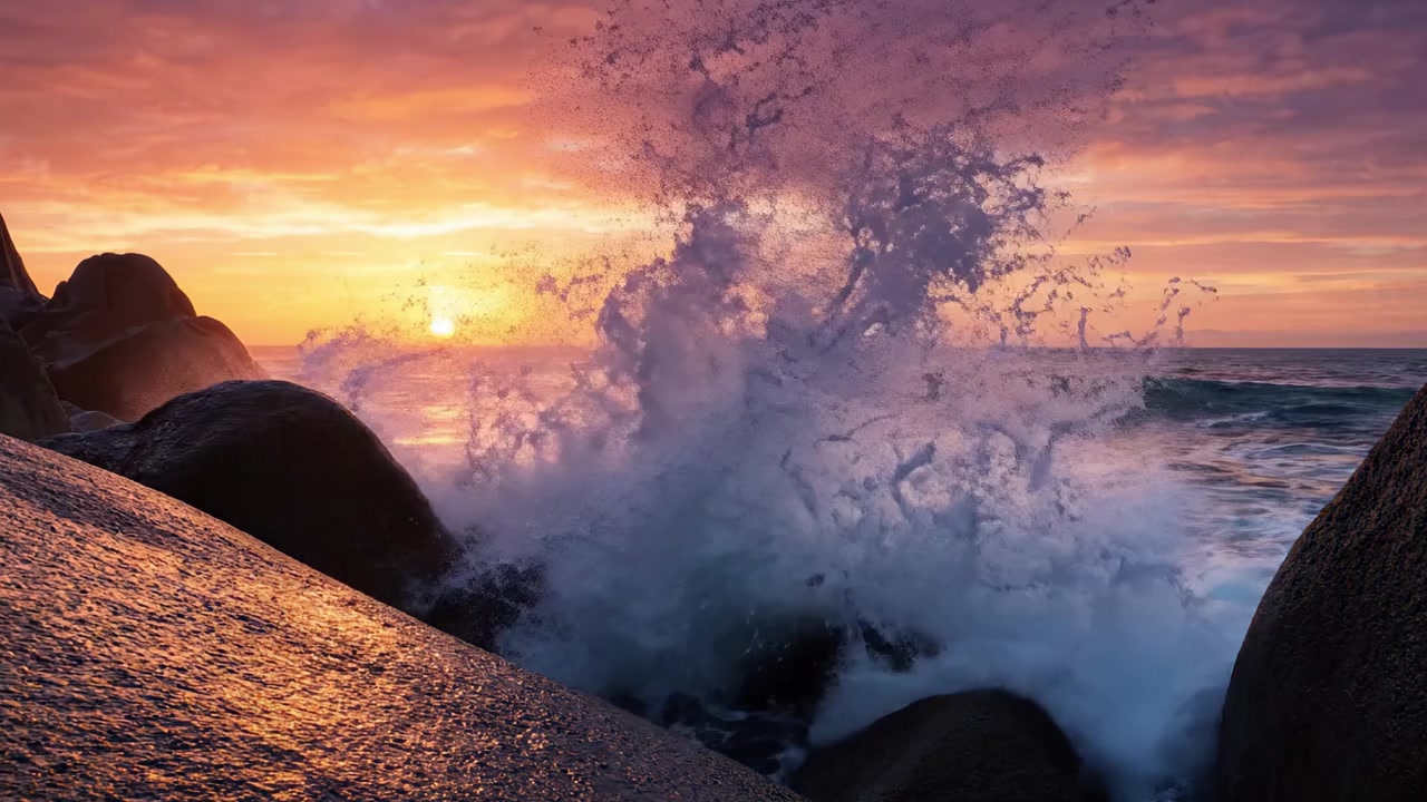 Tramonto affascinante su onde oceaniche calme che riflettono colori vivaci su rocce erose durante una serata tranquilla, catturando lo splendore e la serenità della natura