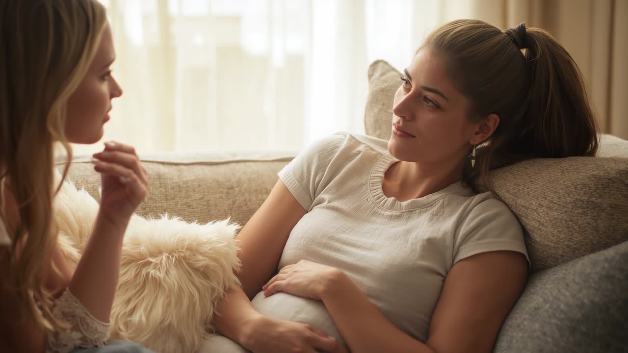 Partner che fa una domanda, donna incinta che accarezza il pancione e cerca conforto su un divano beige con cuscino morbido