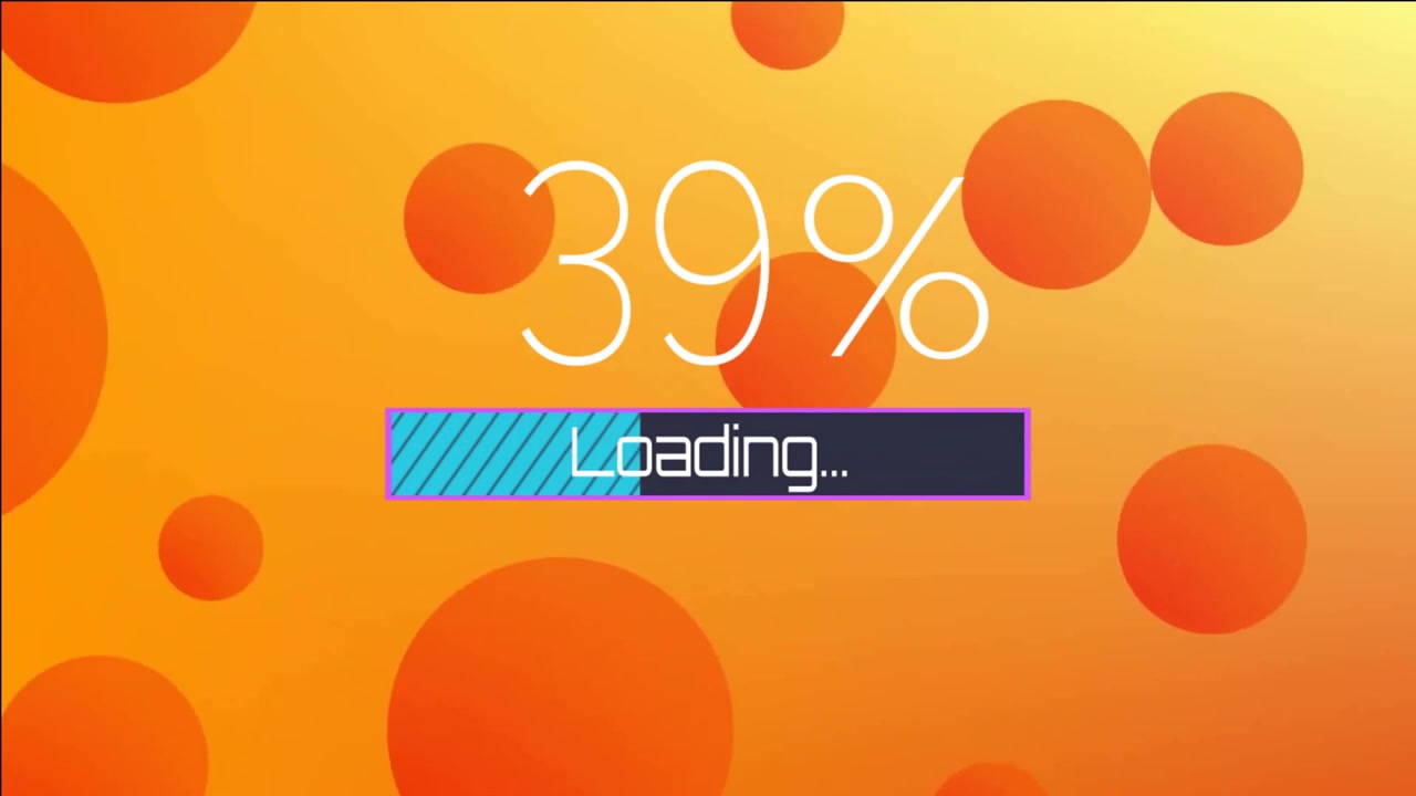 Animation of loading text and data processing over orange vibrant background