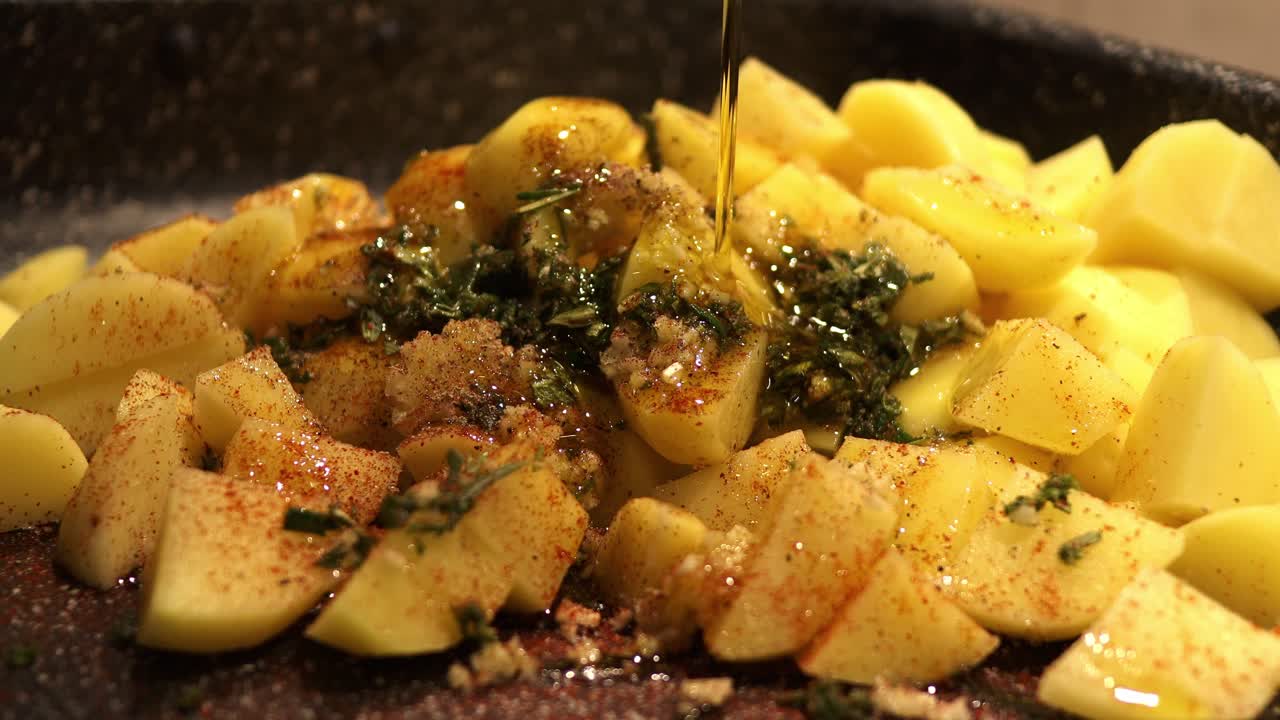 condire le patate tagliate con erbe aromatiche, salvia, rosmarino, spezie piccanti e olio extravergine di oliva italiano - primo piano filmato