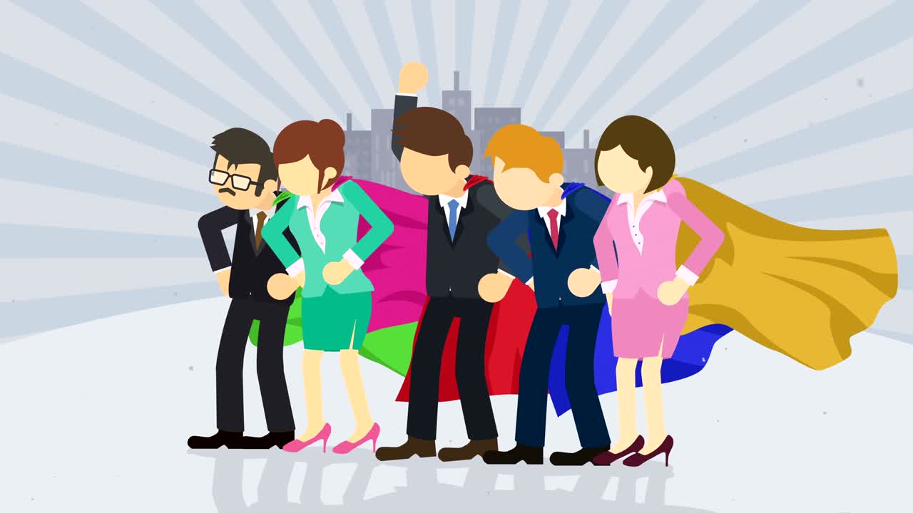 도시 배경에 서있는 슈퍼 히어로, 먼지 춤, 비즈니스 팀 상징, 팀워크 및 리더십 개념, 코 루프 애니메이션