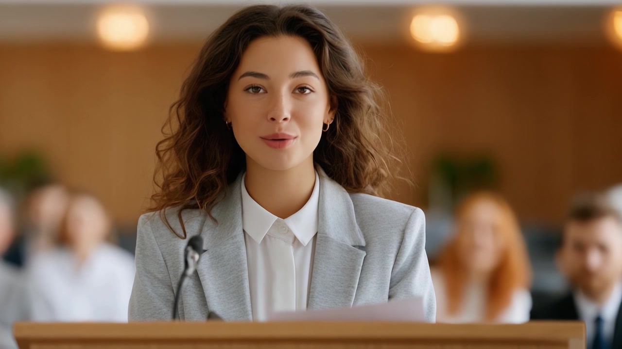 Confident Young Woman Delivering a Presentation in a Professional Setting, Engaging the Audience with Her Charismatic Smile and Poised Demeanor