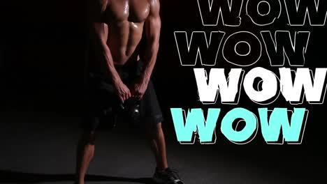 Animation-of-wow-text-in-repetition-in-outline,-white-and-blue-over-man-lifting-kettlebell