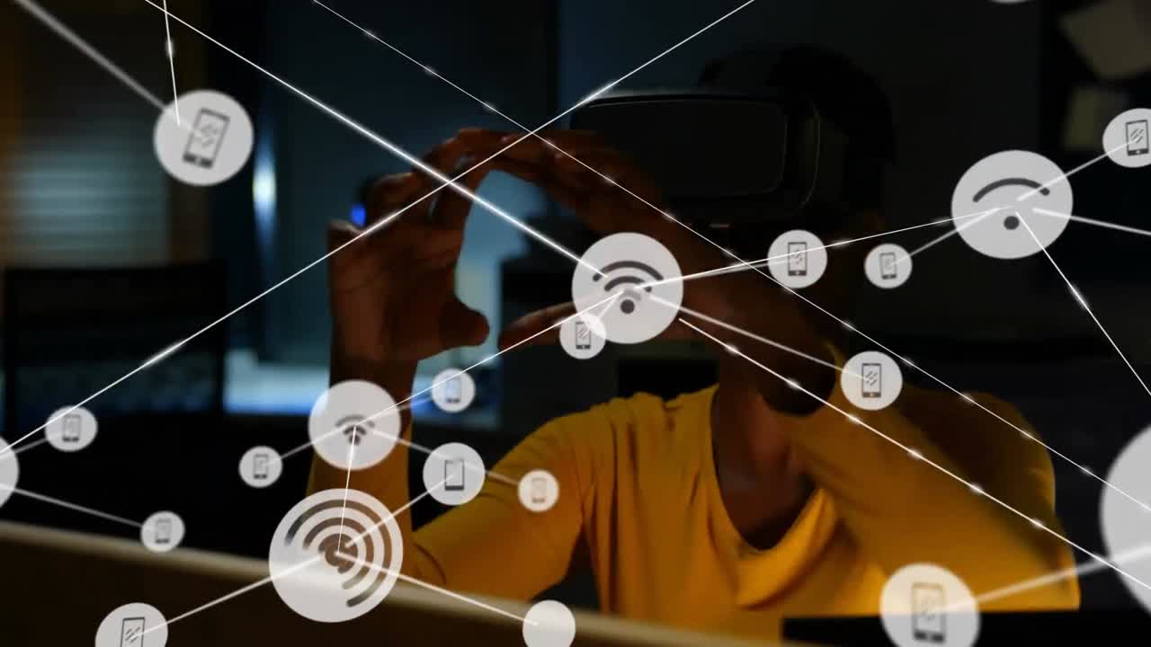 Animation of networks of connections and businesswoman wearing phone vr headset