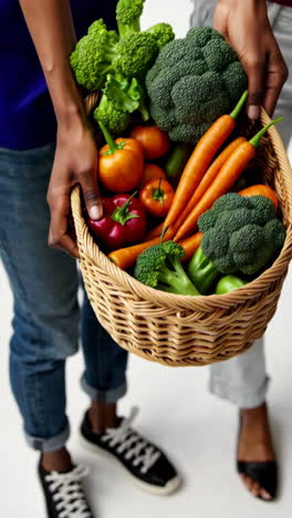 persona que sostiene una canasta de verduras frescas