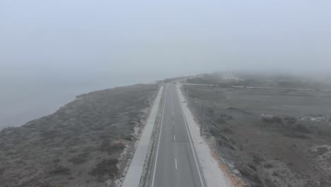 aerial view of a road in a natural reserve with sand, water and bushes on both sides