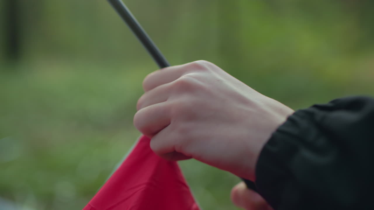 Close up of woman hand with polished nails gripping flexible tent pole while setting up tent, background shows soft blur of green foliage, capturing delicate detail and outdoor camping atmosphere