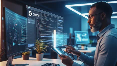 exploring the interactivity of advanced ai interfaces: a user engaging with dynamic software tools and visuals for enhanced computational experiences