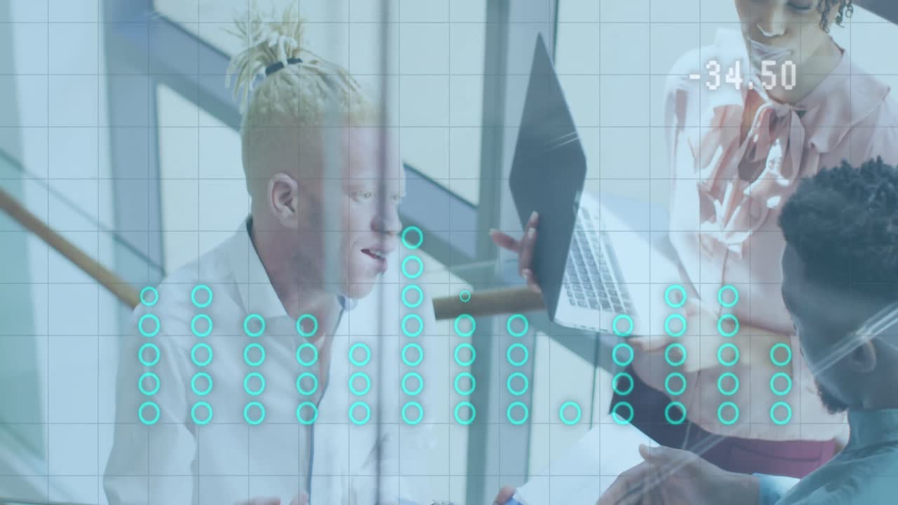 Animation of data processing over diverse business people in office