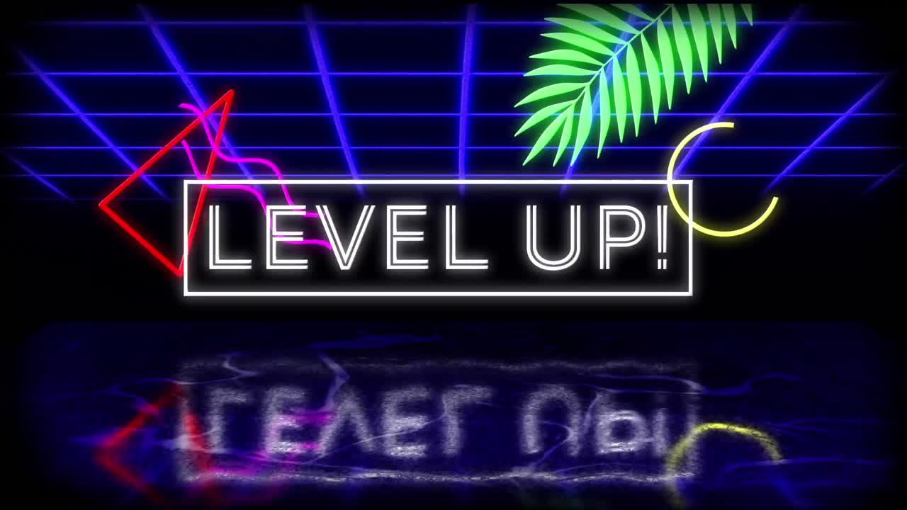 애니메이션 빈티지 비디오 게임 화면과  ⁇ 박이는 단어 레벨 업 쓰여진