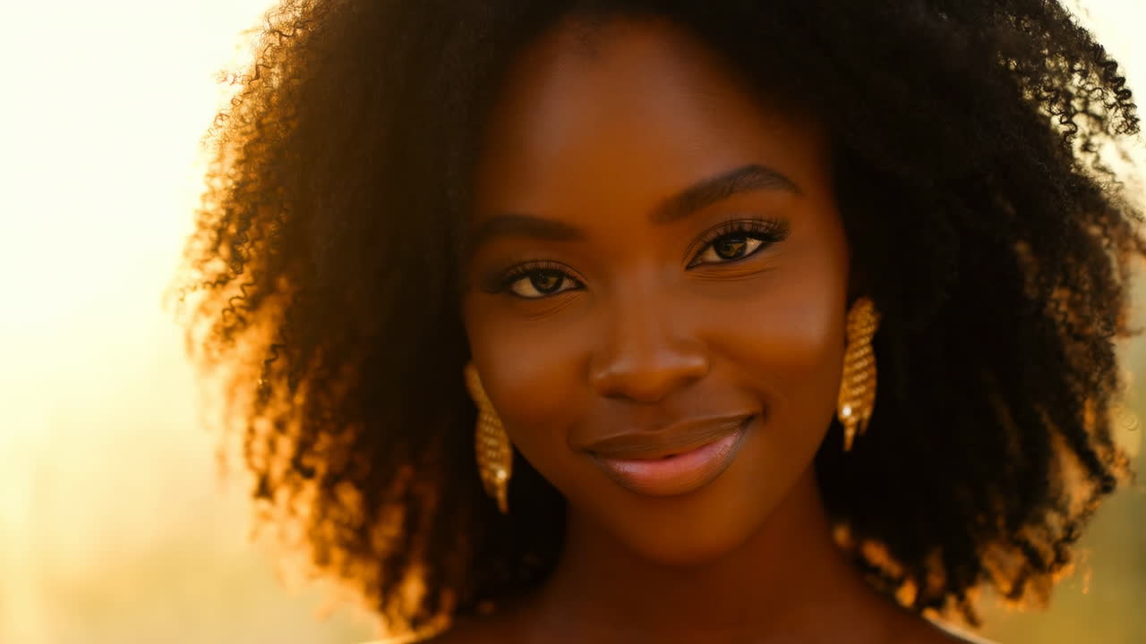 Donna nera che sorride nell'ora d'oro. Primo piano intimo all'aperto di una modella con capelli afro che indossa orecchini d'oro, retroilluminata.