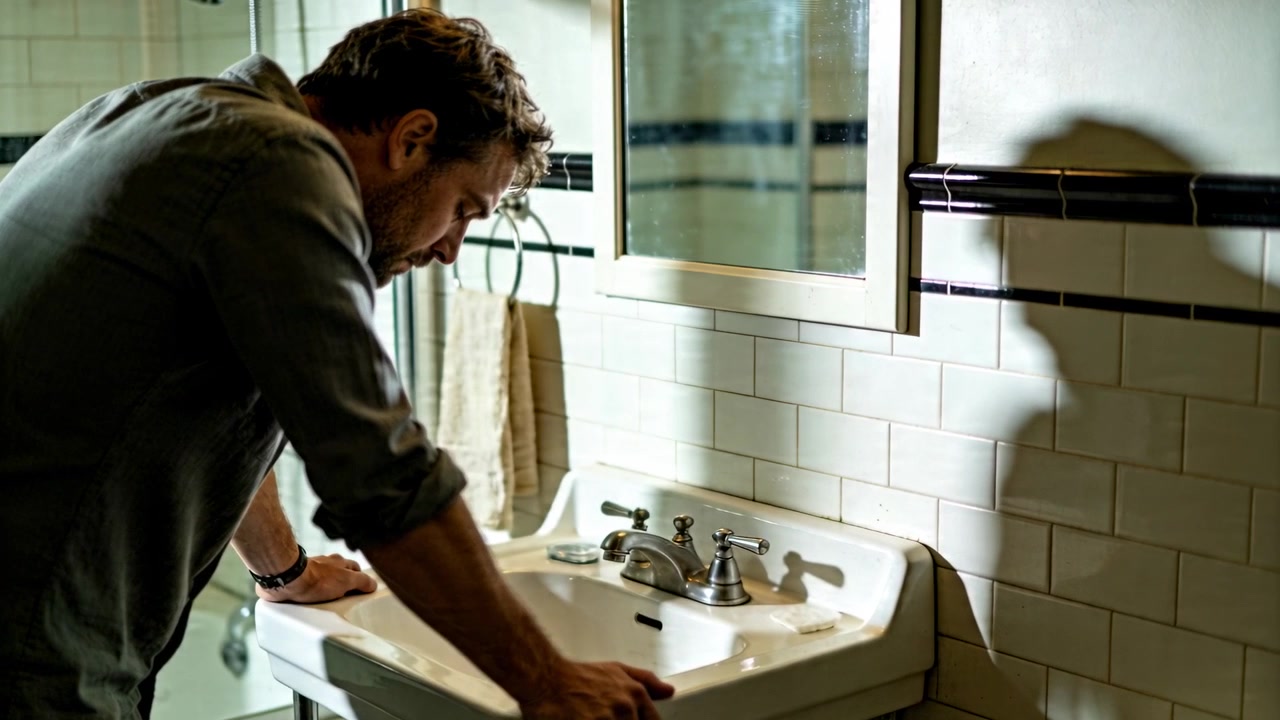 Kolları sıvalı adam, elleri lavaboya dayalı bir şekilde banyo lavabosuna eğilmiş ve dengesini sağlıyor.