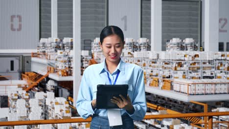 an asian business woman using tablet in the warehouse