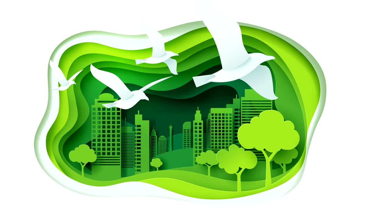 종이 새를 조각하고 녹색 도시 모양에 주차